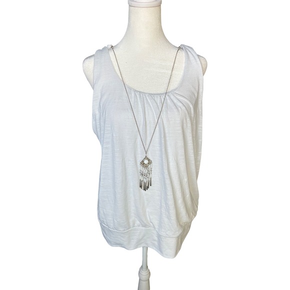 Alyx Tops - Alyx Womens White Sleeveless Bubble Hem Blouse with Removable Necklace Large